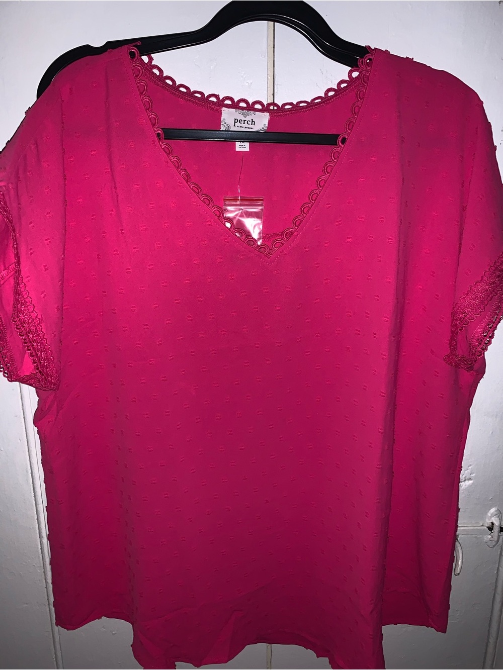 Perch Women's Hot Pink V-Neck Swiss Dot Short Sleeve Blouse